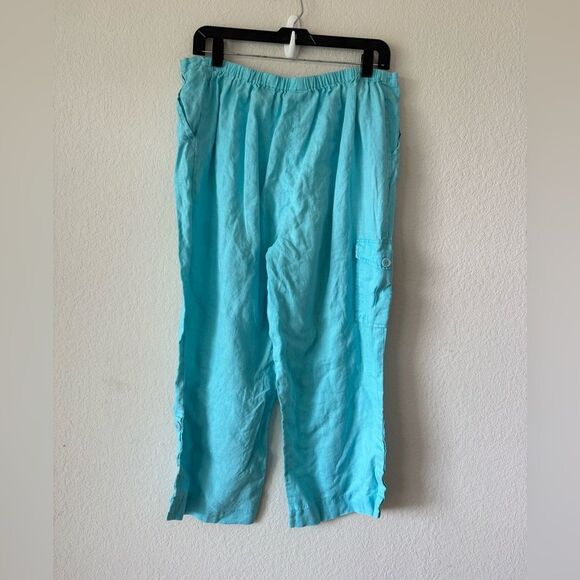 Maternity 100% Linen Aqua Blue Cropped Pants Size L Elastic Waist Cargo Coastal - Picture 5 of 7